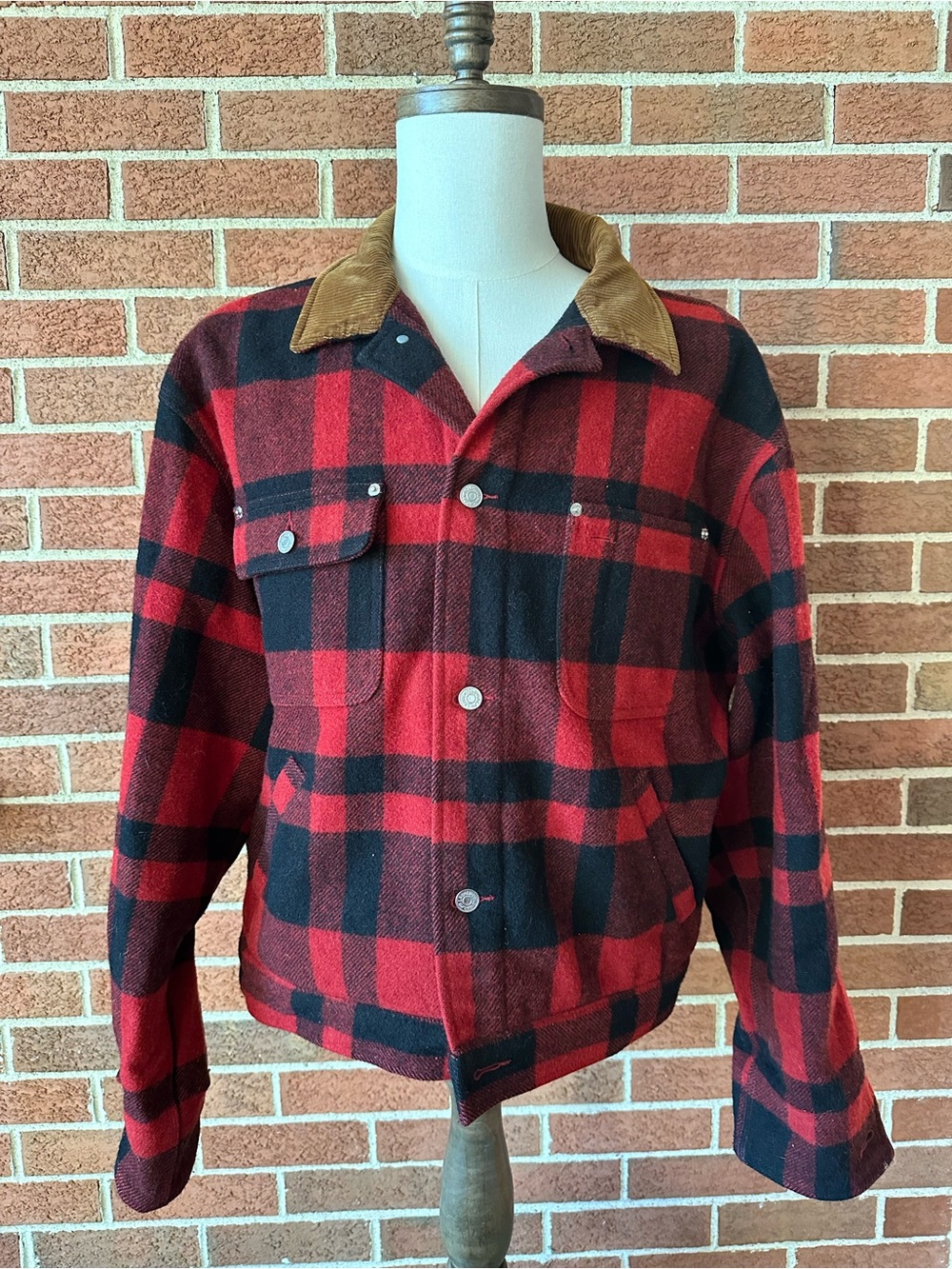 Vintage 80s 90s Polo Ralph Lauren Red Black Plaid Jacket Corduroy Collar Mens, L